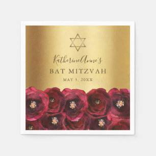 Elegant Red Rose Floral Gold Bat Mitzvah Napkin