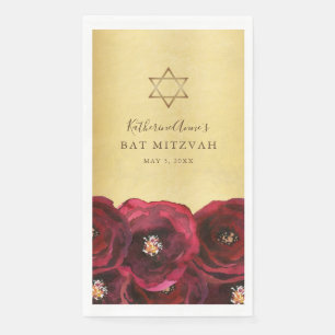 Elegant Red Rose Floral Gold Bat Mitzvah Napkin