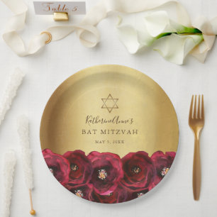 Elegant Red Rose Floral Gold Bat Mitzvah Paper Plate