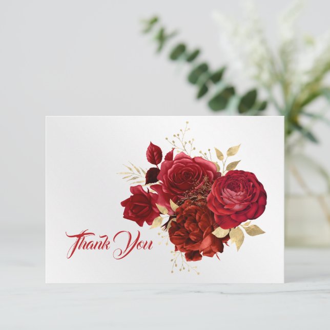 Elegant Red Rose Floral Gold Bouquet Thank You Card (Standing Front)