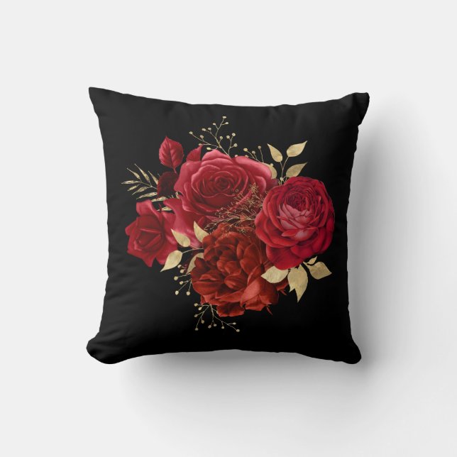 Elegant Red Rose Floral Gold Bouquet Throw Pillow (Front)
