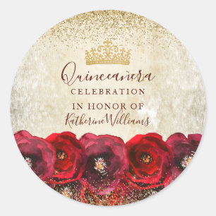 Elegant Red Rose Floral Gold Quinceañera  Classic Round Sticker