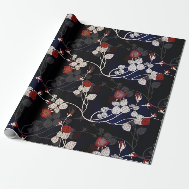 Elegant Red Rose Flower Pattern Black Wrapping Paper (Unrolled)