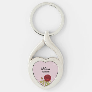 Elegant red rose flower pink keychain