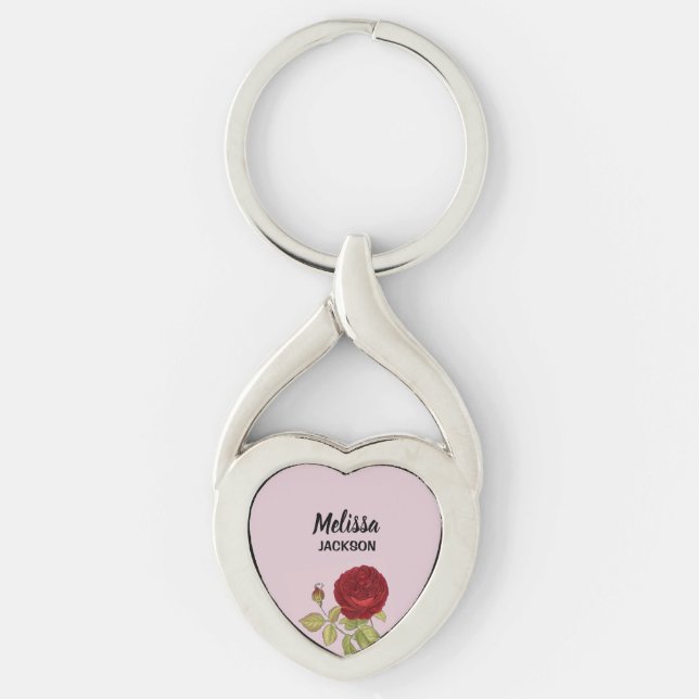 Elegant red rose flower pink keychain (Front)