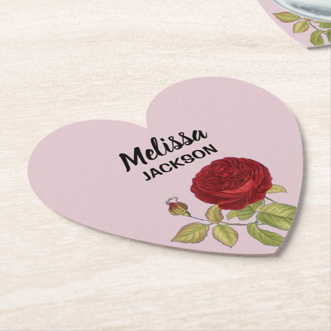 Elegant red rose flower pink paper coaster (Angled)