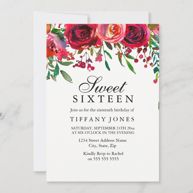 Elegant Red Rose Flower Sweet 16 birthday invite (Front)