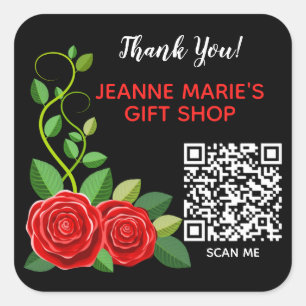 Elegant Red Rose Flower Thank You QR Code Square Sticker
