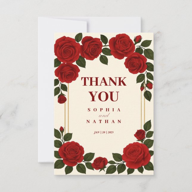 Elegant Red Rose & Gold Frame Wedding Thank You Card (Front)