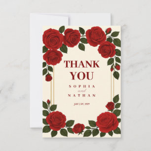 Elegant Red Rose & Gold Frame Wedding Thank You Card