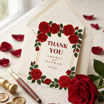 Elegant Red Rose & Gold Frame Wedding Thank You