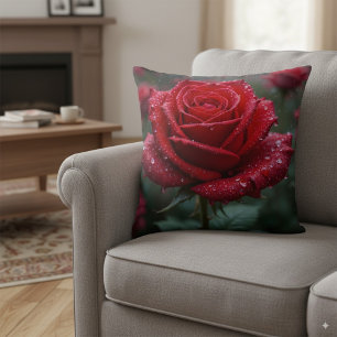 Elegant Red Rose in Rain – Vibrant Floral Throw Pillow