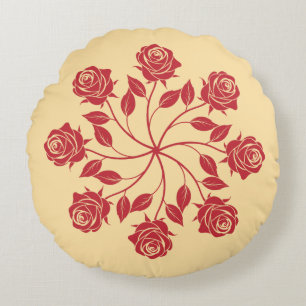 Elegant Red Rose Mandala Circular Floral Design Round Pillow