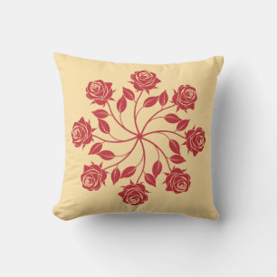Elegant Red Rose Mandala Circular Floral Design Throw Pillow