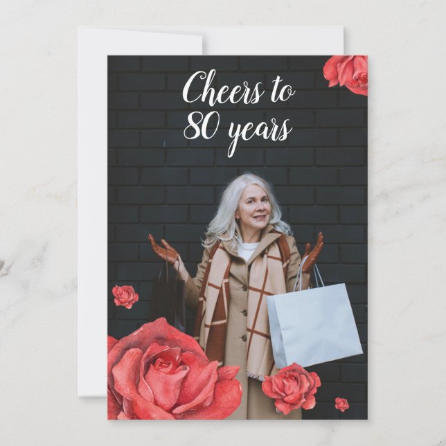 Elegant Red Rose Mom Photo 80th Birthday Invitation (Front)