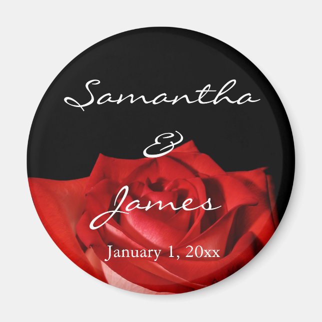 Elegant Red Rose on Black Personalized Wedding Magnet (Front)