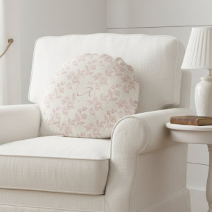 Elegant Red Rose Paper Chintz Monogram Round Pillow