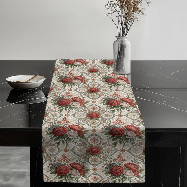 Elegant Red Rose Pastel Green Tiles Shabby Chic Long Table Runner (Elegant Red Rose Pastel Green Tiles Shabby Chic Long Table Runner)