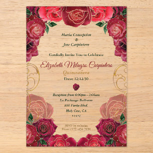 Elegant Red Rose Quinceañera Modern Floral 15 Años Acrylic Invitations