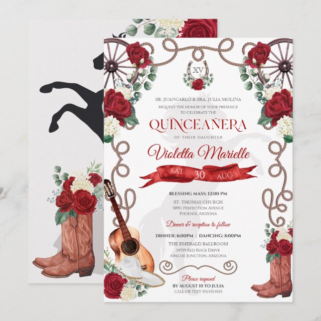 Elegant Red Rose Rustic Mariachi Charra Quinceanos Invitation (Front/Back)