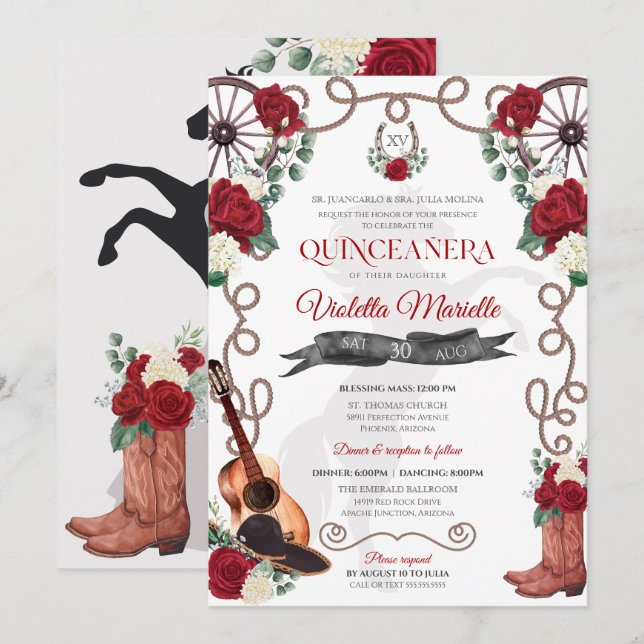 Elegant Red Rose Rustic Mariachi Charro Quinceanos Invitation (Front/Back)