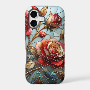 Elegant Red Rose Stained Glass Floral Gold Accent 