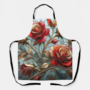 Elegant Red Rose Stained Glass Floral Gold Accent Apron