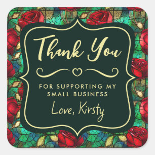 Elegant Red Rose Stained Glass Small Business Square Sticker