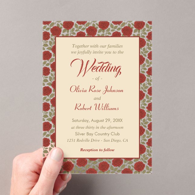 Elegant Red Rose Wedding Acrylic Invitations (Insitu (Handheld))
