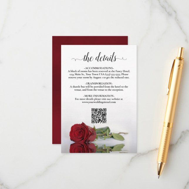 Elegant Red Rose Wedding Details QR Code Enclosure Card (Front/Back In Situ)
