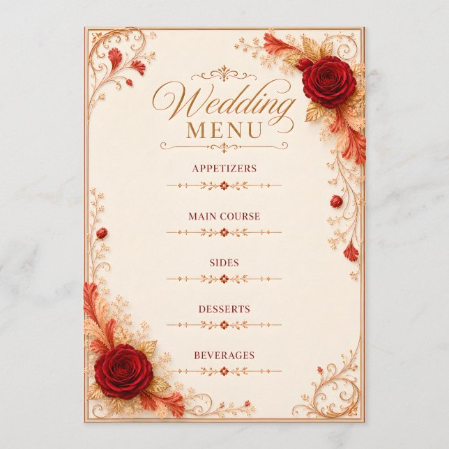 Elegant Red Rose Wedding Menu Card Template  (Front)