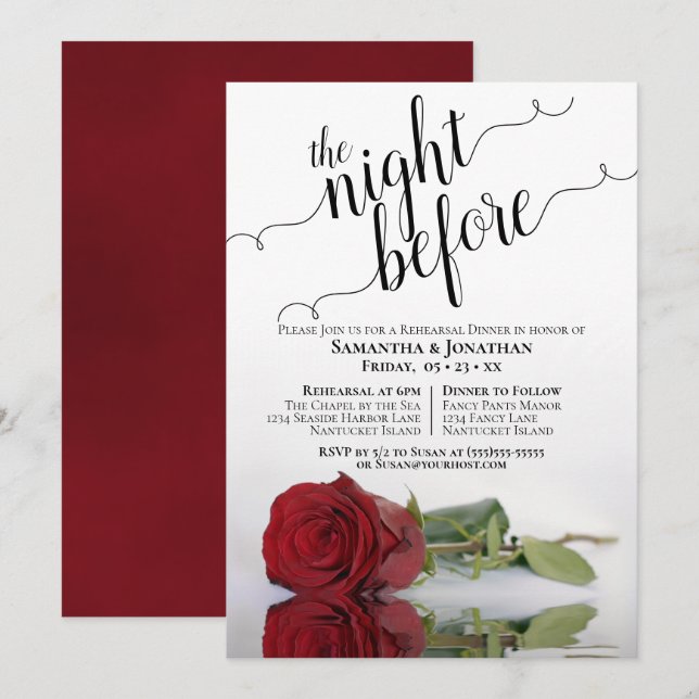 Elegant Red Rose Wedding Rehearsal & Dinner Invitation (Front/Back)