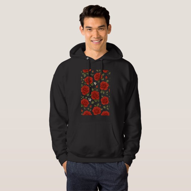 Elegant Red Rose & White Jasmine Watercolor Floral Hoodie (Front Full)