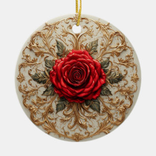 Elegant Red Rose With Ornate Gold Floral Ceramic Ornament