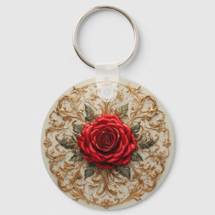 Elegant Red Rose With Ornate Gold Floral Keychain