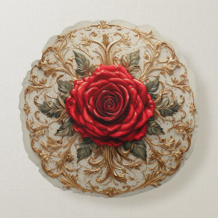 Elegant Red Rose With Ornate Gold Floral Round Pillow