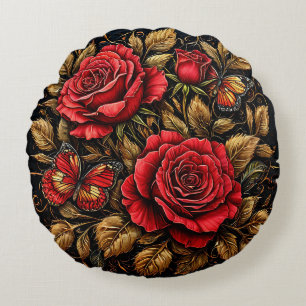 Elegant Red Roses and Butterflies Round Pillow