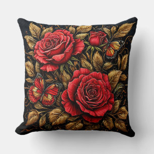 Elegant Red Roses and Butterflies Throw Pillow