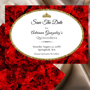 Elegant Red Roses and Gold Quinceanera Save The Date