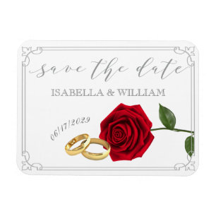 Elegant Red Roses and Rings Wedding Save the Date Magnet