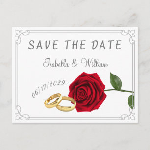 Elegant Red Roses and Rings Wedding Save the Date Postcard