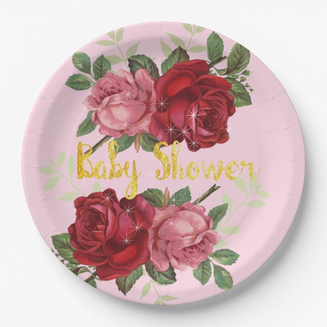 Elegant, Red Roses, Baby Shower, Paper Plates 7" (Front)