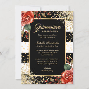 Elegant Red Roses Black Gold Confetti Quinceañera Invitation