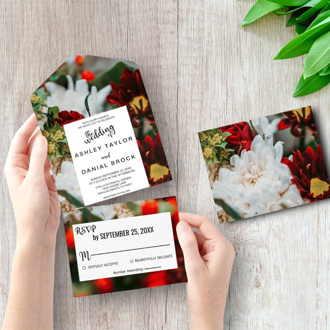 Elegant red roses blossoms flowers floral Wedding  All In One Invitation (Creator Uploaded)