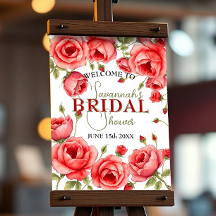 Elegant Red Roses Border Bridal Shower Welcome Poster