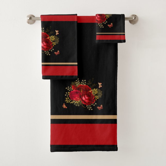 Elegant Red Roses Butterfly Gold Black Bath Towel Set (Insitu)