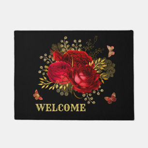 Elegant Red Roses Butterfly Gold Welcome Doormat