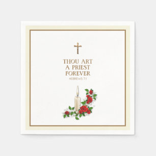 Elegant Red Roses Candle Priest Ordination Napkin
