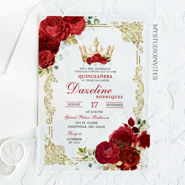 Elegant Red Roses Crown Quinceanera Invitation (Creator Uploaded)