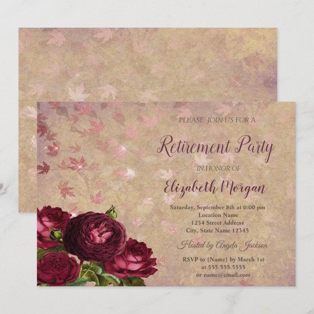 Elegant Red Roses Falling Leaves Retirement  Invitation (Front/Back)